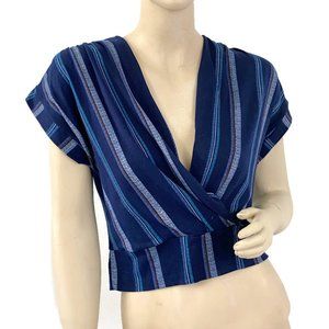 Monteau Women's Blue Striped Cropped Short Sleeve Wrap Top Blouse Size Large